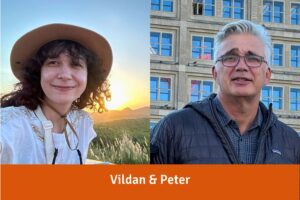 Vildan, eine junge Frau mit lockigem dunklem Haar und Strohhut, und Peter, ein Mann mit grauem Kurzhaarschnitt und Brille