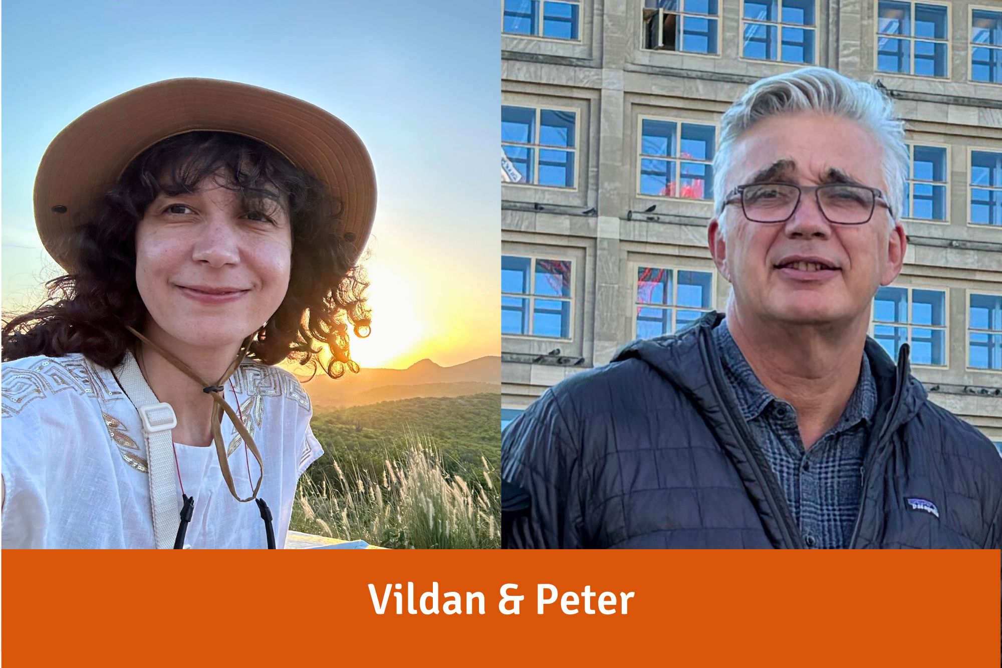 Vildan, eine junge Frau mit lockigem dunklem Haar und Strohhut, und Peter, ein Mann mit grauem Kurzhaarschnitt und Brille
