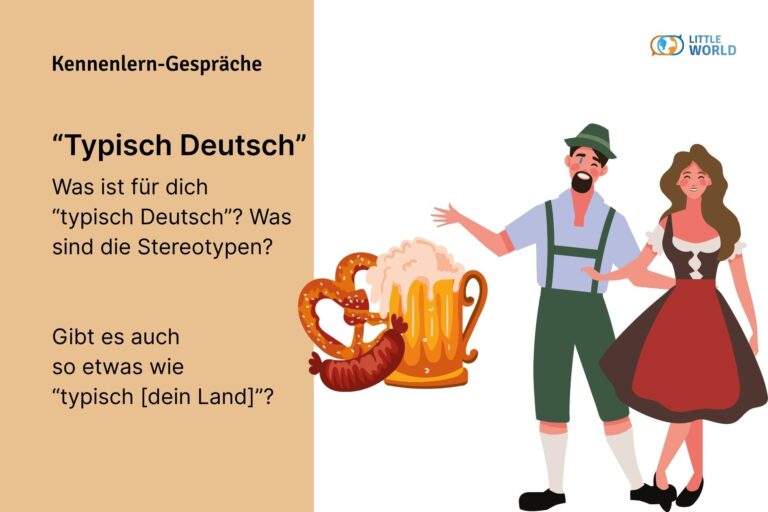 Illustration eines Mannes in Lederhose und einer Frau in Dirndl neben einem Bierkrug und einer Brezel mit der Frage: 'Was ist für dich typisch Deutsch? Was sind die Stereotype?