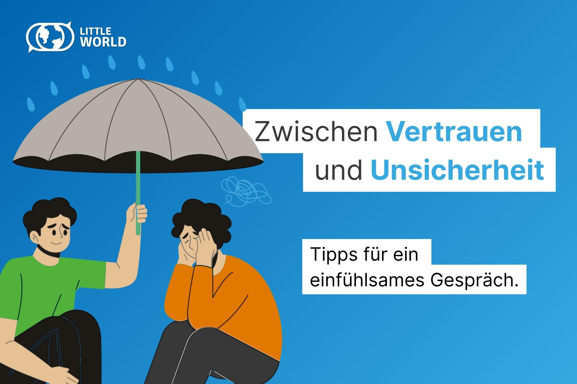 Eine Person hält einen Schirm über eine traurige Person, um sie vor Regen zu schützen
