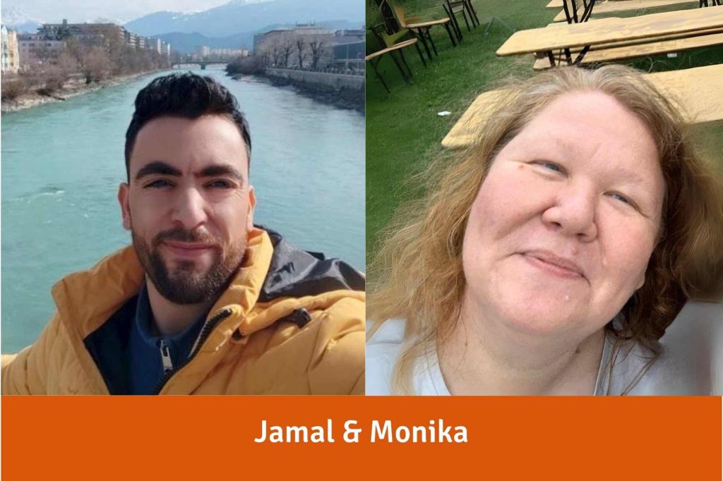 Jamal, ein junger dunkelhaariger Mann mit Bart steht auf einer Brücke über einem Fluss. Monika, eine freundlich lächelnde Frau mit langen rotblonden Haaren steht in einem Biergarten.