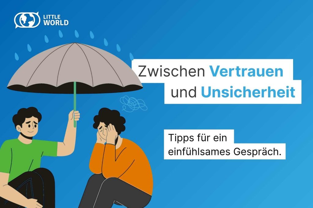 Eine Person hält einen Schirm über eine traurige Person, um sie vor Regen zu schützen