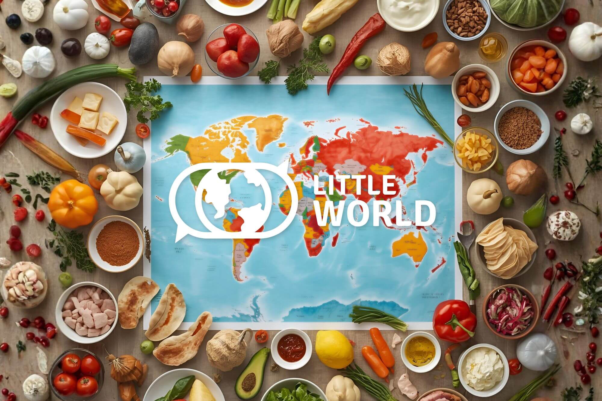 Weltkarte mit Little World Logo und vielen bunten Gewürzen und Zutaten drumrum