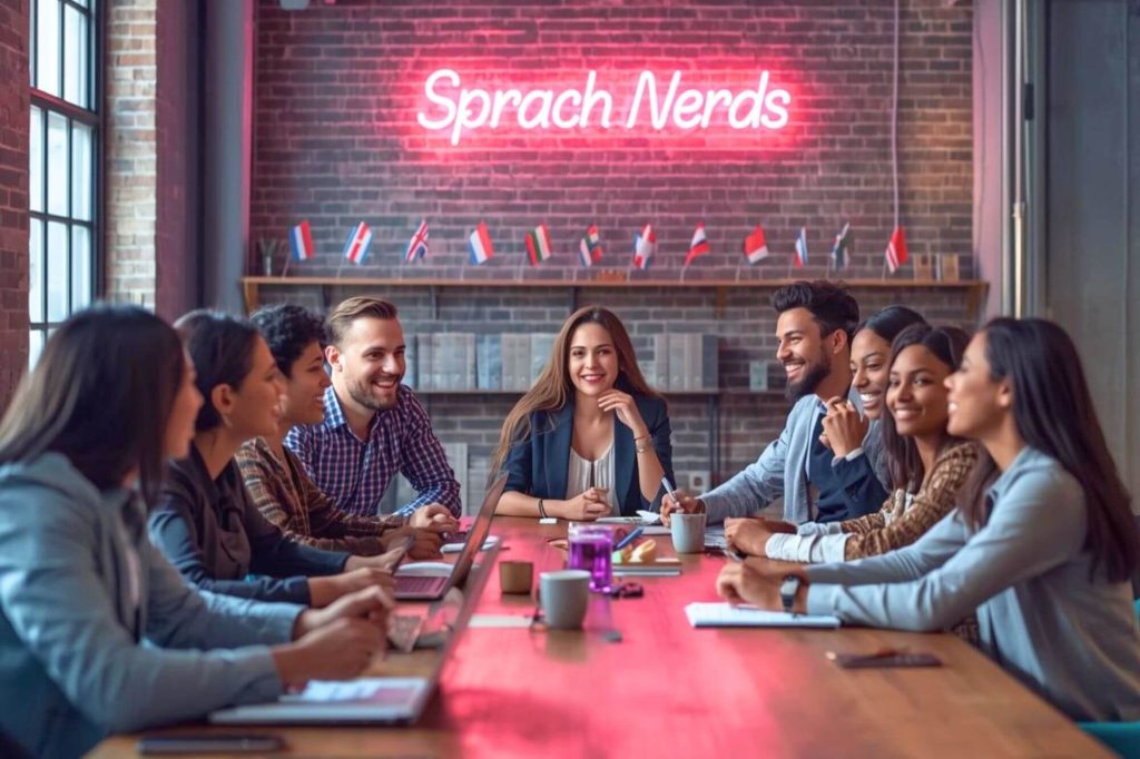 Menschen sitzen im Gespräch an einem Tisch. Über ihnen leuchtet der Neonschriftzug Sprach-Nerds