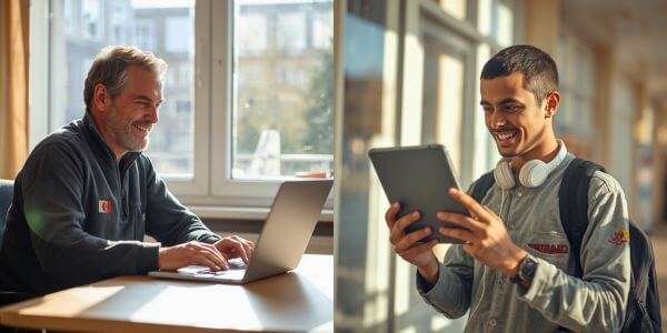Ein junger und ein älterer Mann tauschen sich in einem Videocall bei Little World aus.