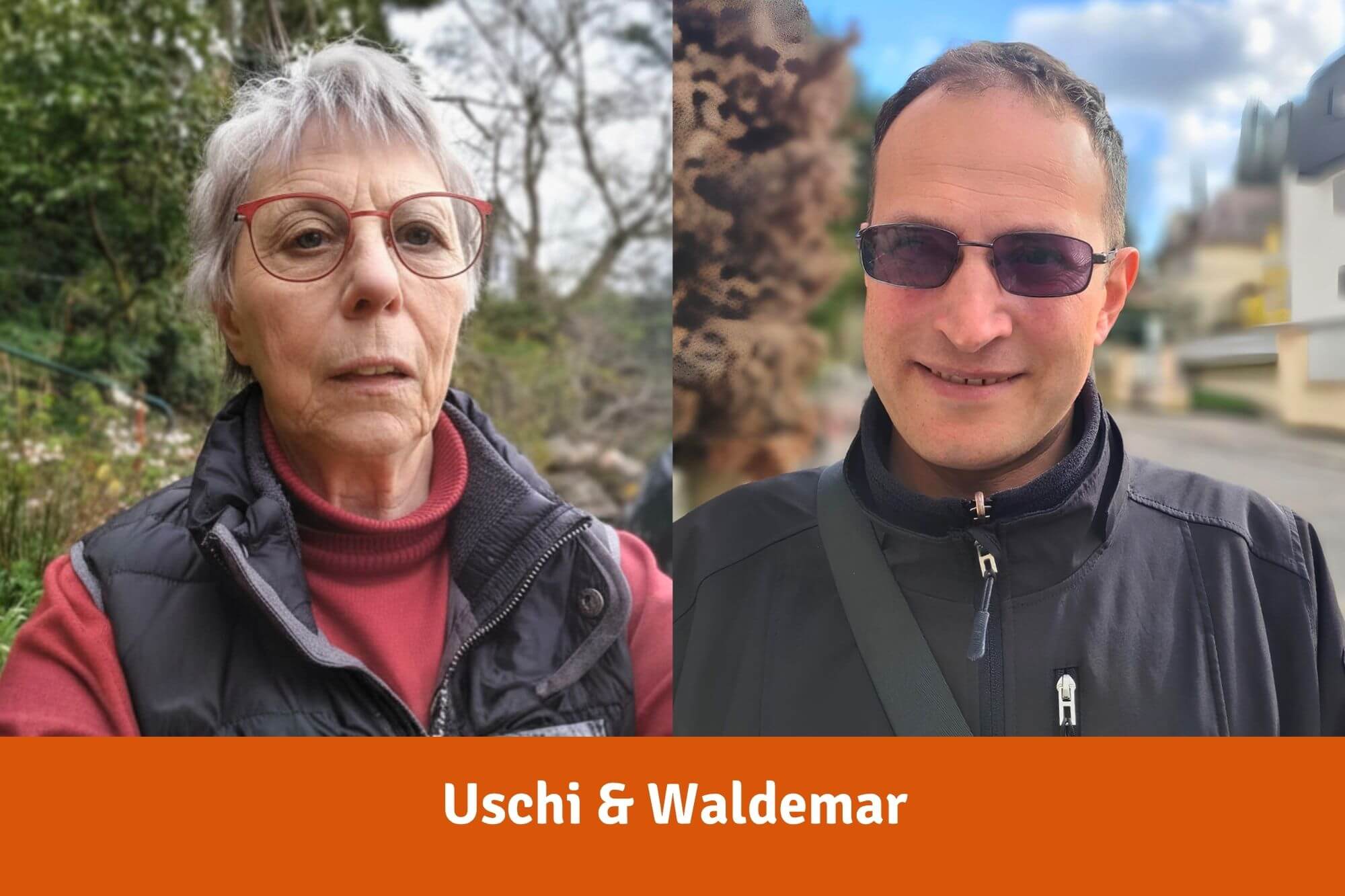 Collage aus zwei Fotos: eine ältere Dame mit kurzen grauen Haaren und Brille und ein Mann mit lichten kurzen Haaren und Sonnenbrille