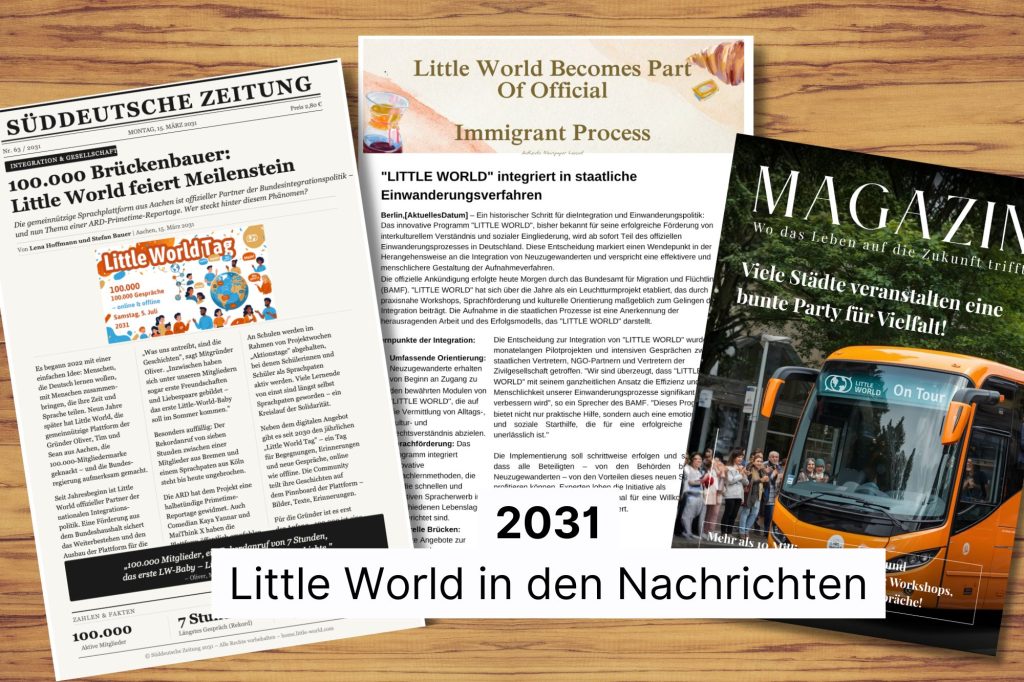 Fiktive Zeitungsausschnitte und Magazine mit Artikeln über Little World in 2031.