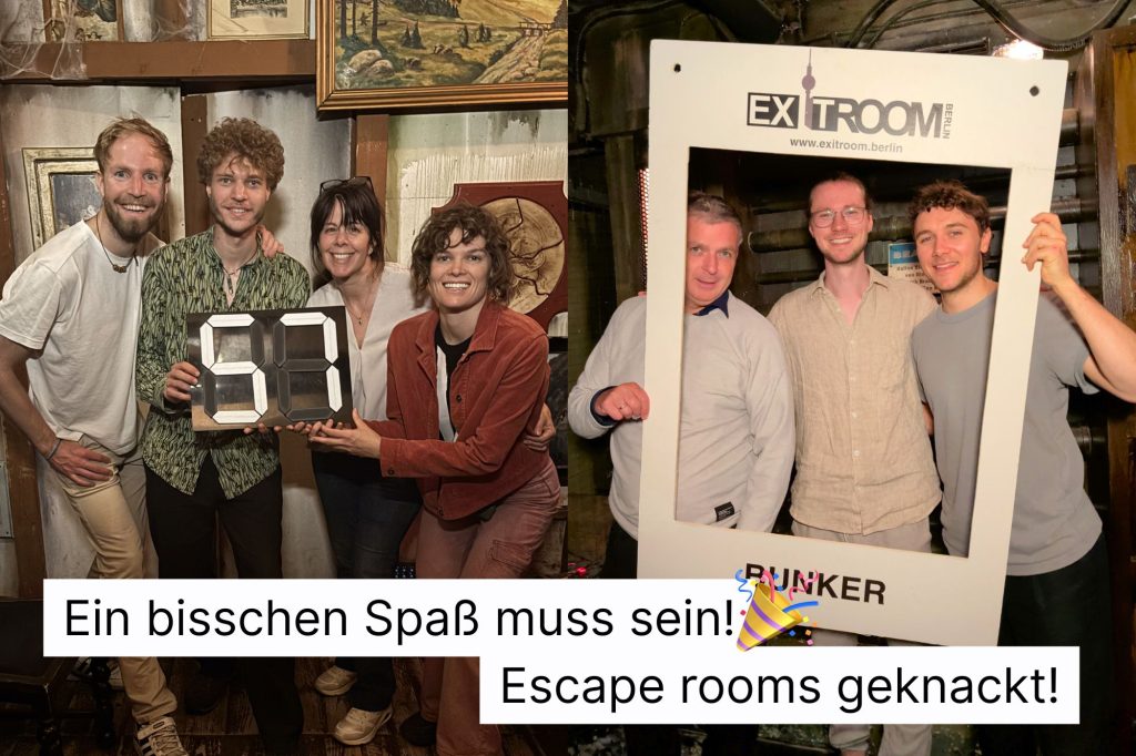 Team von Little World feiert den Erfolg im Escape Room. Aufschrift: ‚Ein bisschen Spaß muss sein! Escape rooms geknackt!