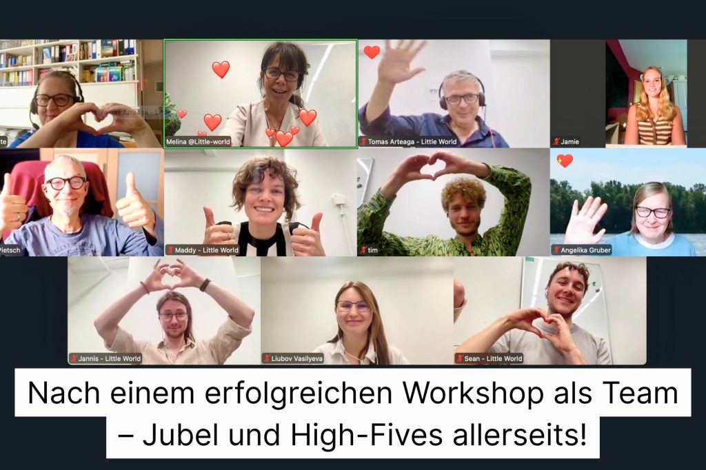Team von Little World in einem Online-Meeting mit Jubelgesten, Herzformen und High-Fives nach einem erfolgreichen Workshop.