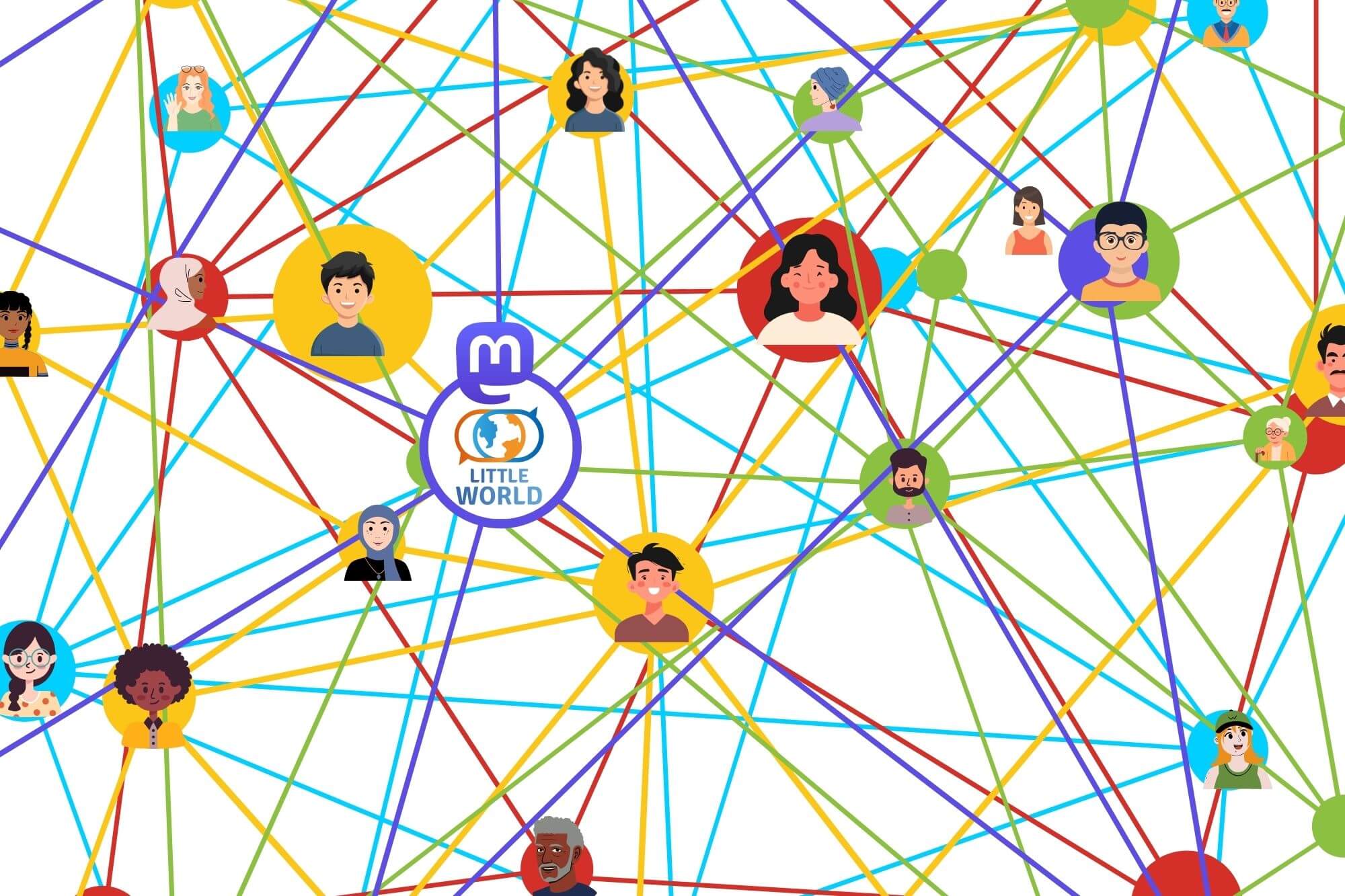 Ein farbenfrohes Netzwerk aus Menschen und Plattformen, die durch bunte Linien miteinander verbunden sind. Im Zentrum steht das Logo von Little World, umgeben von Avataren, die die Vielfalt und Vernetzung im Fediverse symbolisieren.