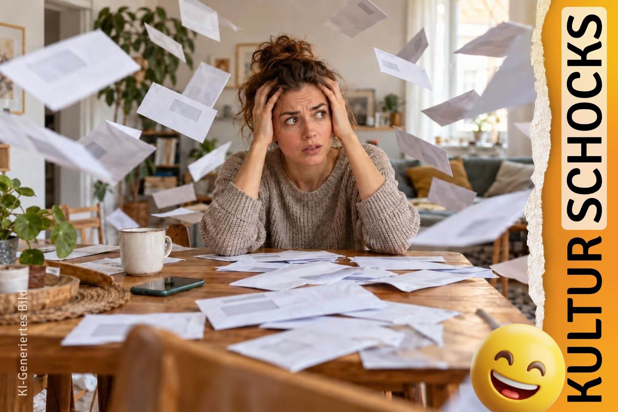 Verzweifelte Frau am Tisch voller Briefe, die auch um sie herum durch die Luft fliegen. Am Rand steht Kulturschocks und ein lachender Emoji